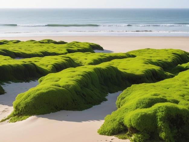 A coastal landscape with green seaweed forming a border along the sandy shore