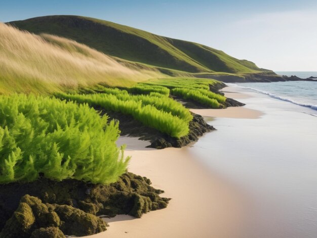 A coastal landscape with green seaweed forming a border along the sandy shore