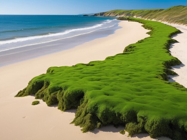 A coastal landscape with green seaweed forming a border along the sandy shore