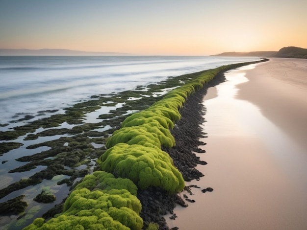 A coastal landscape with green seaweed forming a border along the sandy shore