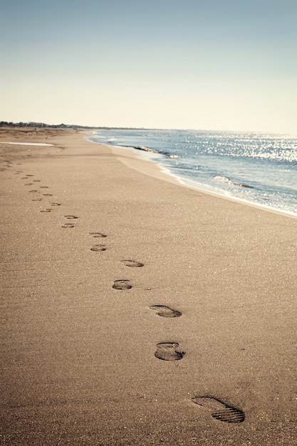 Coastal landscape with thin beach and blue sea.