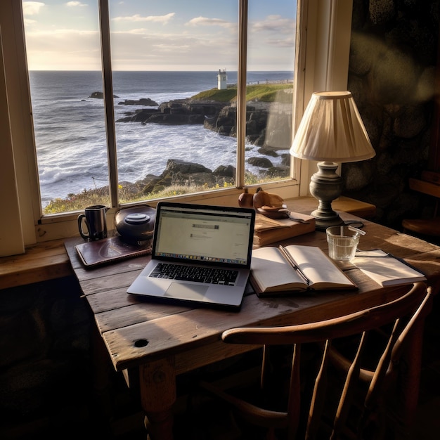 A coastal lighthouse keeper's cottage a tablet on a vintage wooden desk