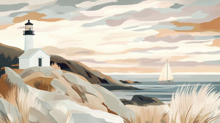 Photo coastal lighthouse and sailboat landscape illustration in pastel hues