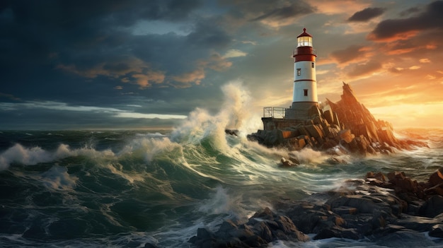 A coastal lighthouse standing tall amidst stormy weather and crashing waves Generative AI