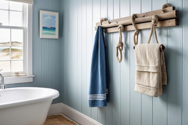 Coastal Nautical Rope Towel Rack in a Seaside Bathroom