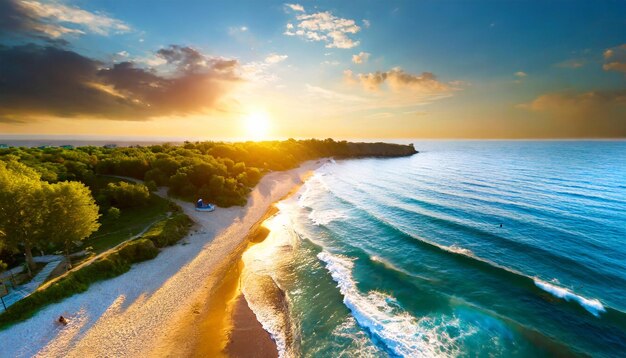 Coastal paradise Sandy beach and waves captured at sunset