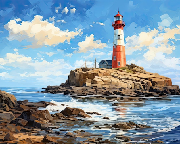 A coastal scene with a lighthouse on rocky shore Generative AI