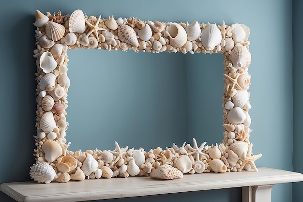 Foto cornice di specchio di conchiglie costiere con vibrazioni sulla spiaggia
