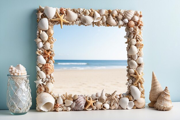 Foto cornice di specchio di conchiglie costiere con vibrazioni sulla spiaggia