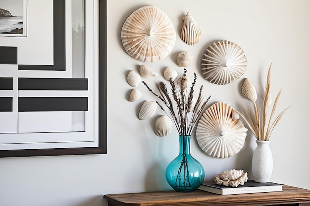 Photo coastal seashell wall art arrangement by the stairs