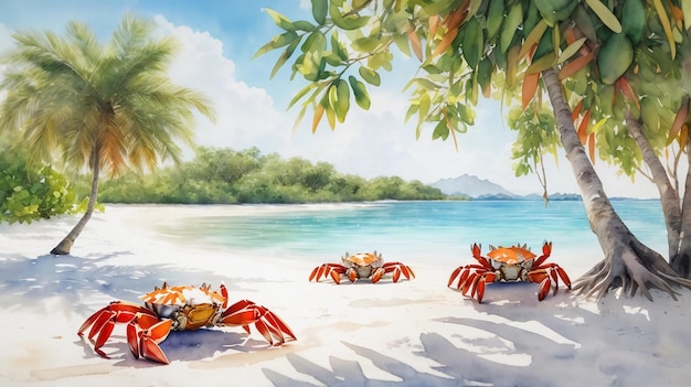 Coastal Serenity Mangroves Transparent Sea and Vibrant Crabs in Watercolor