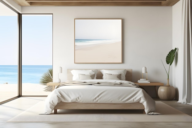 空のモックアップ ポスター フレーム AI が生成された、モダンなベッドルームの沿岸スタイルのインテリア デザイン
