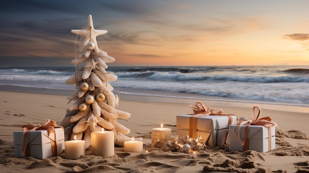Photo a coastal summer christmas in australia a driftwood christmas tree decorated with fairy lights on