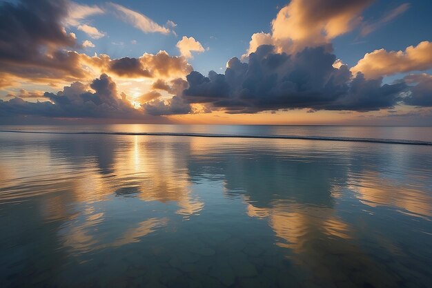 冷静な海に反射する海岸の夕暮れの雲は2つのフレームから縫われています