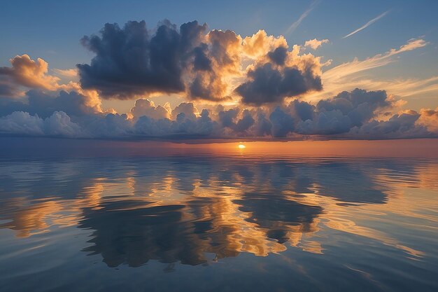 冷静な海に反射する海岸の夕暮れの雲は2つのフレームから縫われています