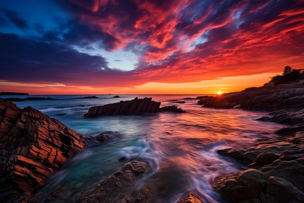 ドラマチックな色彩の海岸の夕日