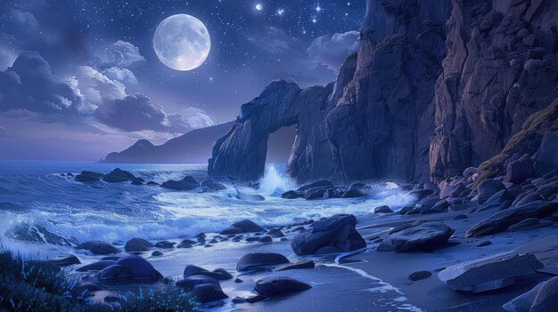 Photo a coastal symphony under the moonlight