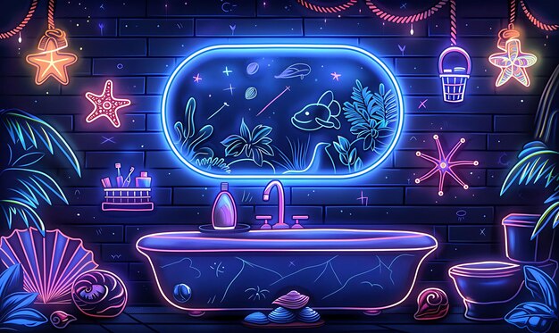 Photo coastal themed bathroom with seashell decorations nautical a interior room neon light vr concept