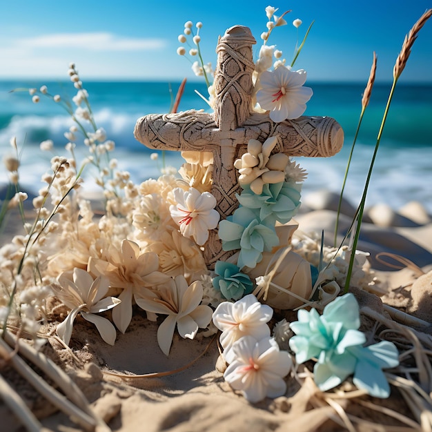 Photo coastal themed sacred cross made of driftwood and adorned wi cross palm sunday photo christian art