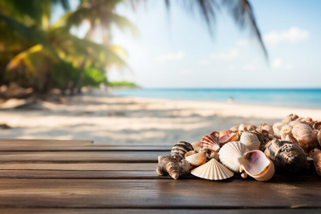 Coastal Treasures on a Wooden Table Generative Ai