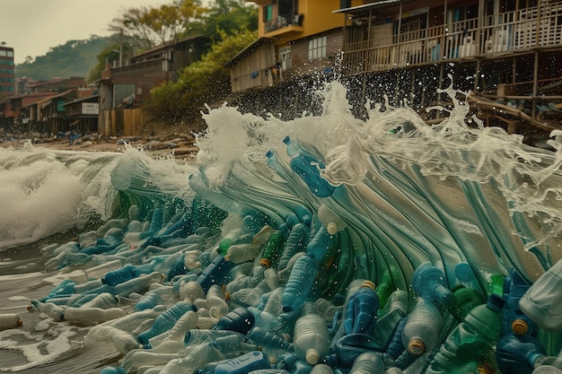 Foto un villaggio costiero sopraffatto dall'inquinamento da bottiglie di plastica