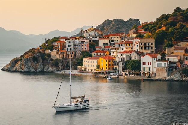 coastal village with a sailboat at sea