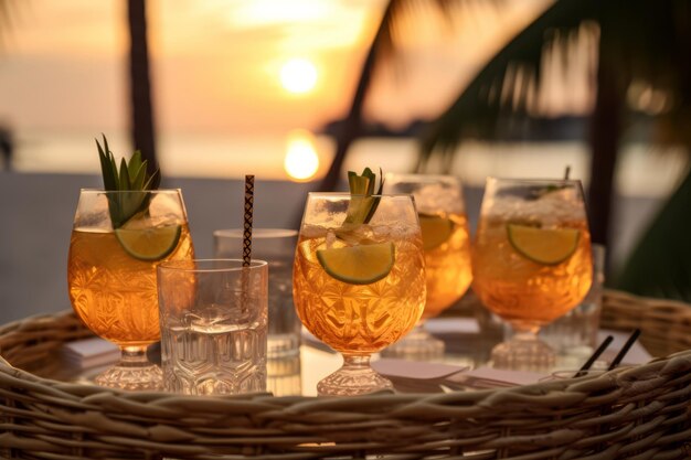 A coastal wedding reception with elegantly displayed glasses of rum punch