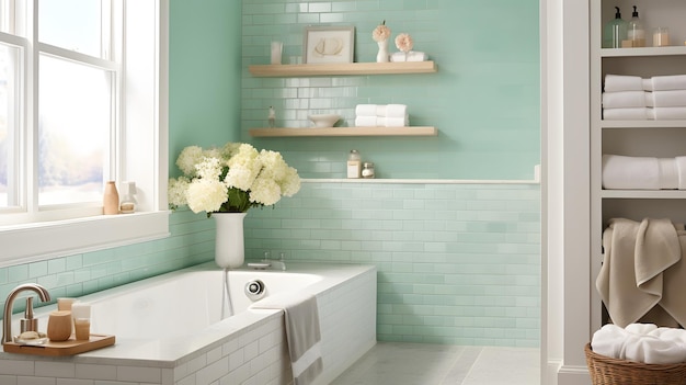 A coastalinspired bathroom with seafoam green tiles seashell decor and nautical accents