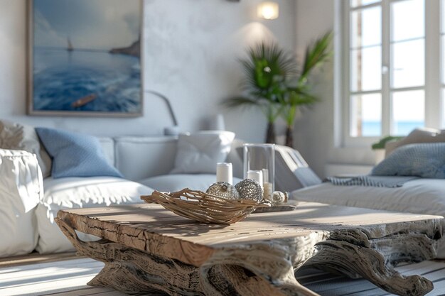 Coastalinspired living room with driftwood coffee