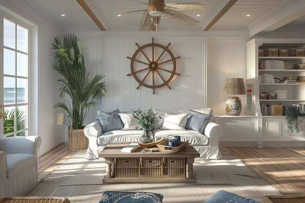 Coastalinspired living room with ship wheel decor