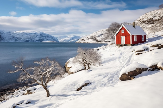 Photo coastallandscapewithredhutinwinterlebesbylaksefjordnorway