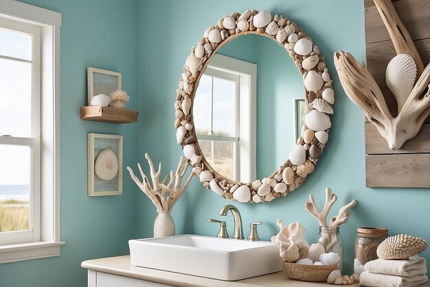 Coastalthemed bathroom with a beachy color palette seashell accessories and a driftwood mirror