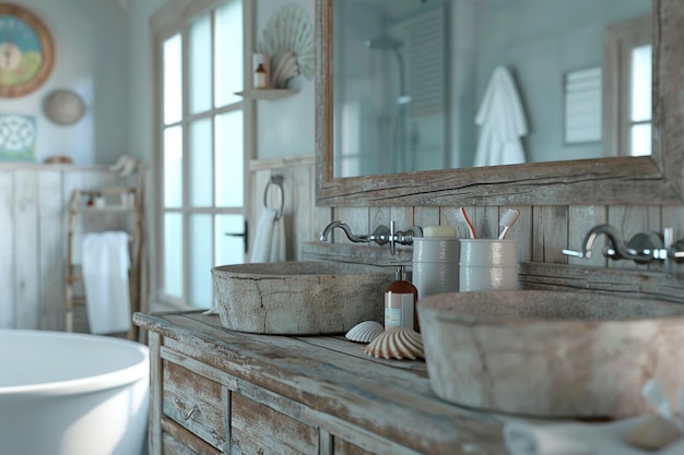 Coastalthemed bathroom with weathered wood vanitie