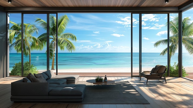 Photo coastalthemed home interior with black living room ocean panorama