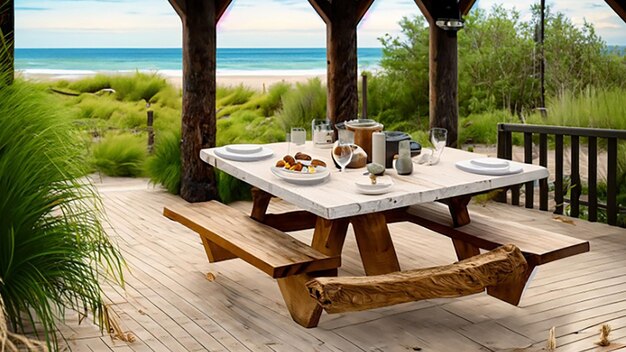 Coastalthemed outdoor dining area with a picnicstyle table and coastal decor