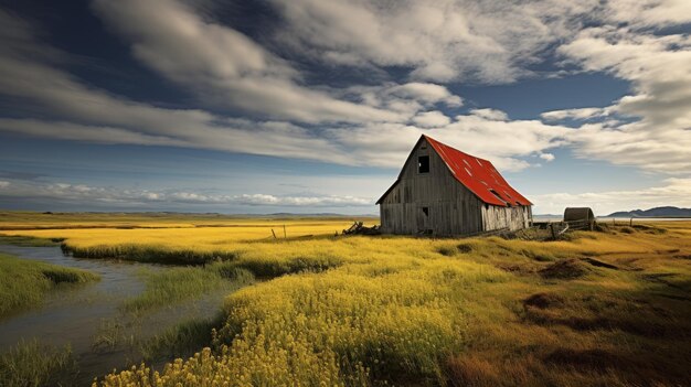 Photo coastline barn in field romantic dramatic landscapes with blue sky