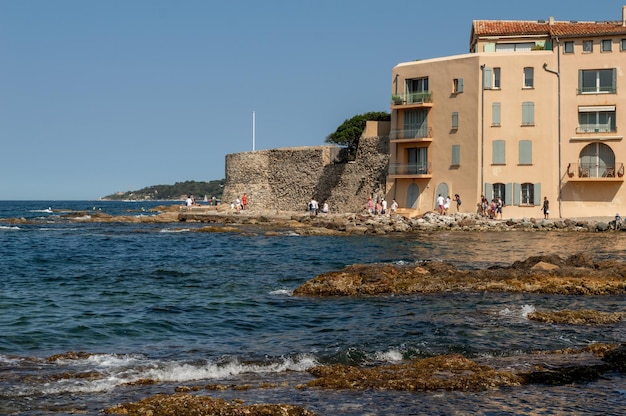 Coastline and sea surf on a sunny day, Cote d'Azur, France