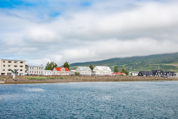 Coastline of town of Akureyri in Iceland