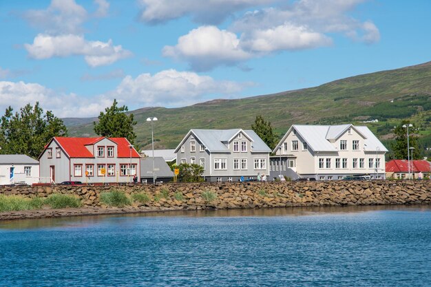 Coastline of town of Akureyri in Iceland