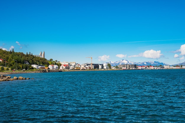 Coastline of town of Akureyri in Iceland