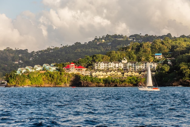 Coastline view with villas and resorts on the hill Castries Saint Lucia