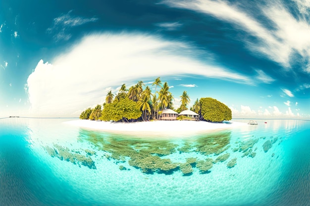 몰디브 열대 섬의 백사장과 청록색 바다가 있는 해안선