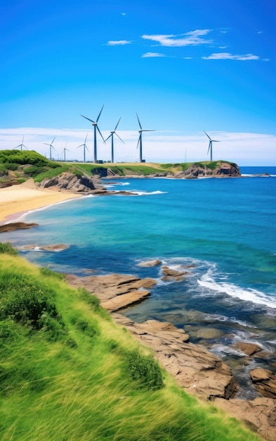 Coastline with wind turbine scene