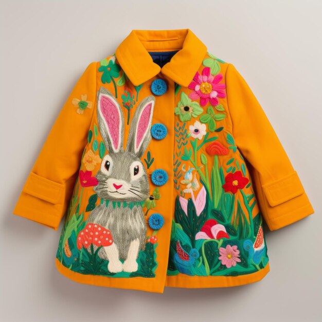 A coat that has a brightly colored rabbit on it in the style of playful and whimsical scenes and