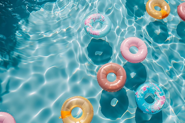 a cobalt pool with floaties arranged like polka dots creating a scene of summer fun