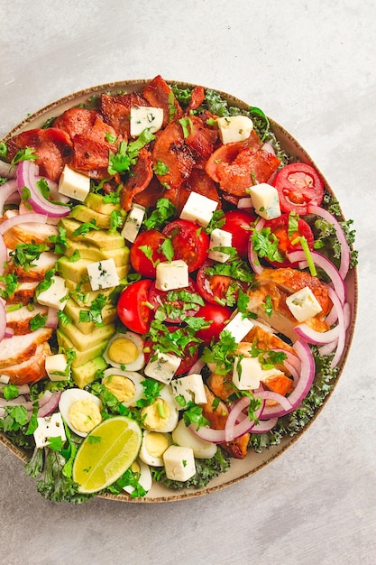 Cobb salad keto food top view no people closeup