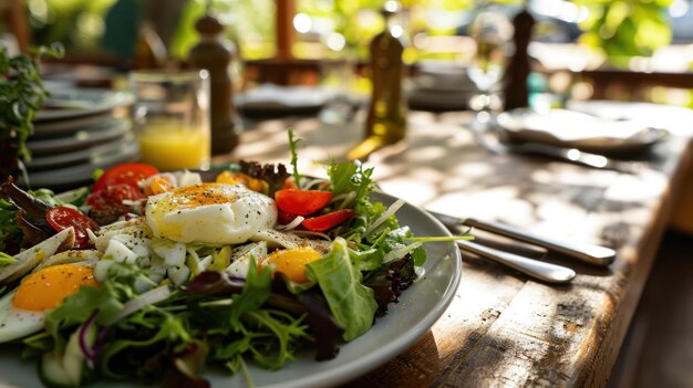 Foto cobb salad plate tegen een patio brunch tafel