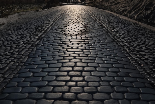 A cobbled street with a light on it