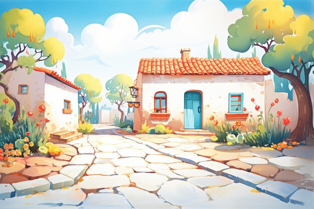 Cobblestone path leading to whitewashed spanish revival house magazine style illustration