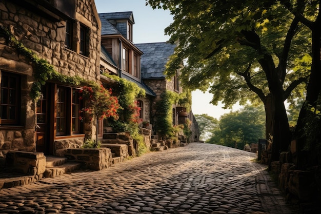 The cobblestone rocky road is winding and tree lined professional photography